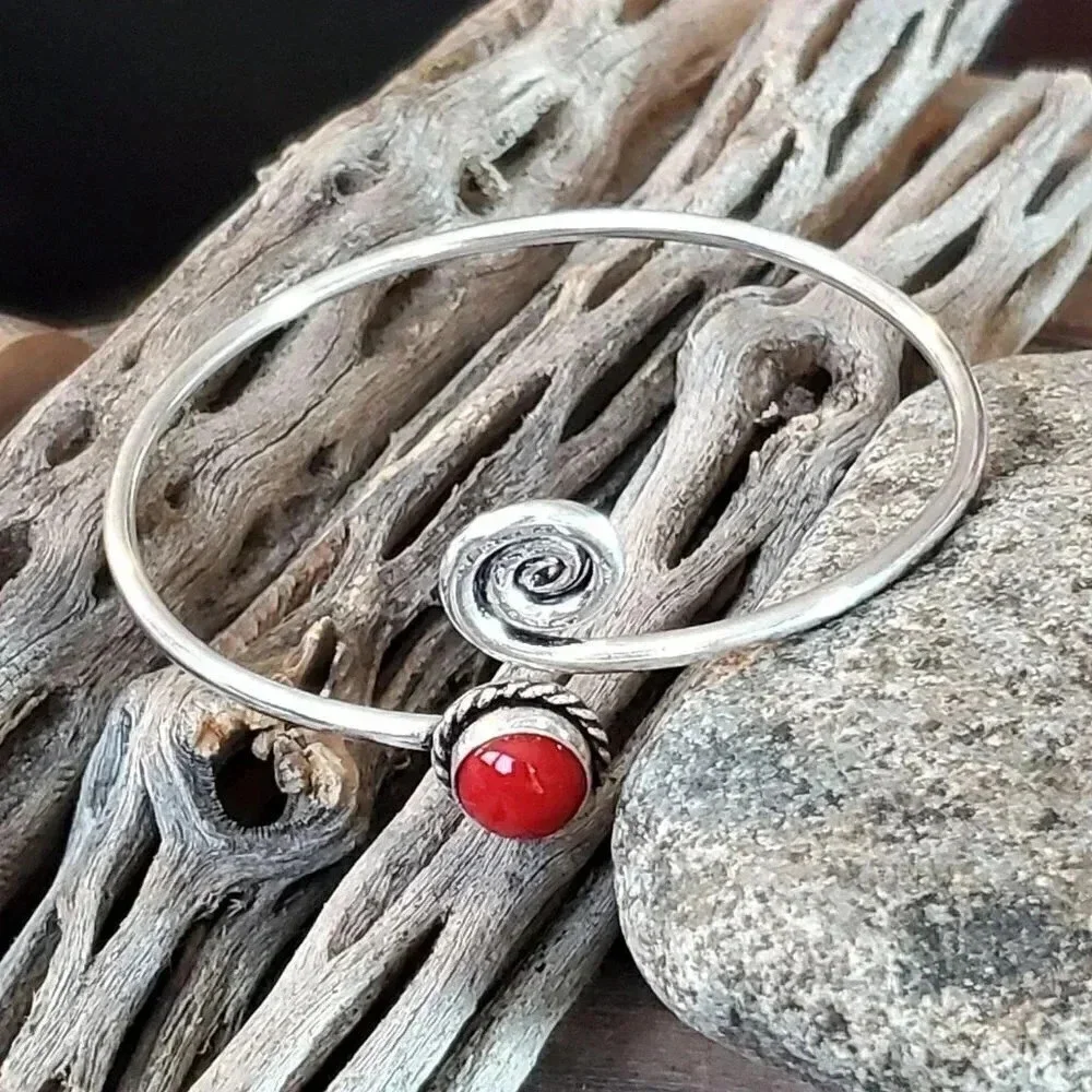 Handcrafted Red Coral Swirl Gemstone Sterling Silver Overlay Artisan Cuff Bracel